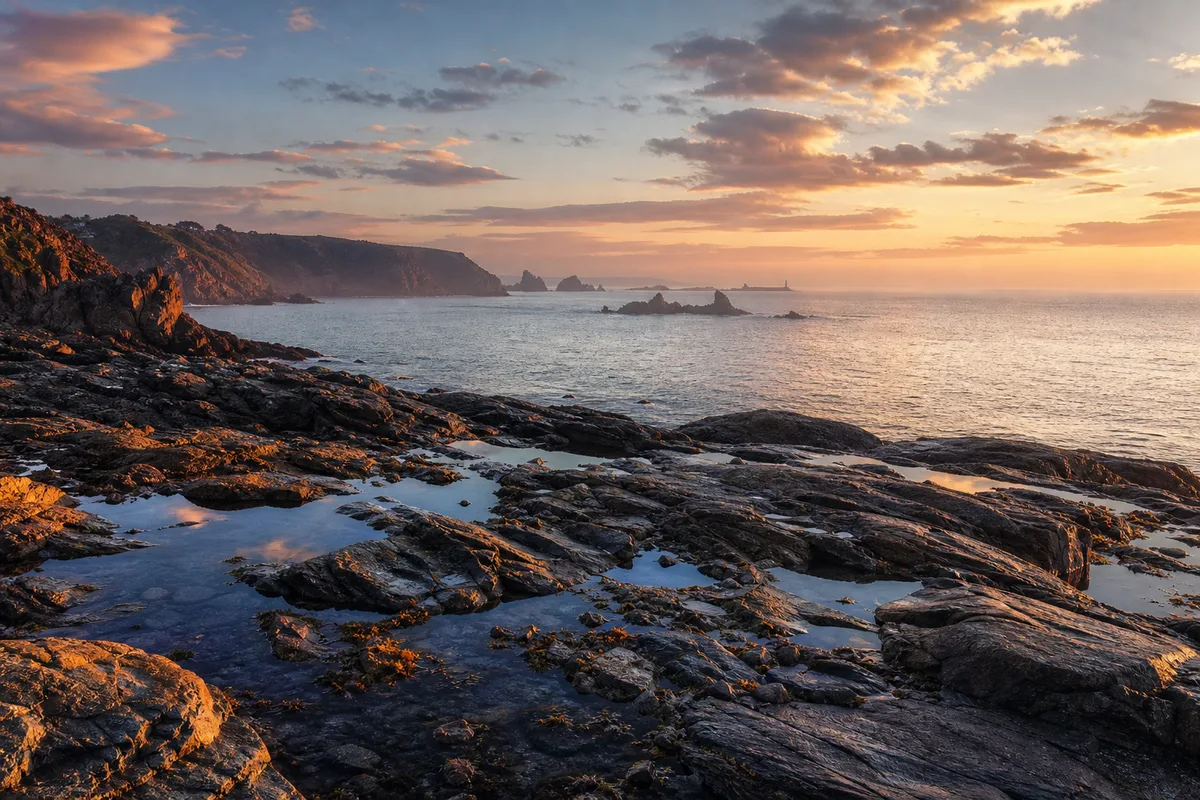 Littoral breton au crépuscule, rochers nets au premier plan et falaises dans la brume