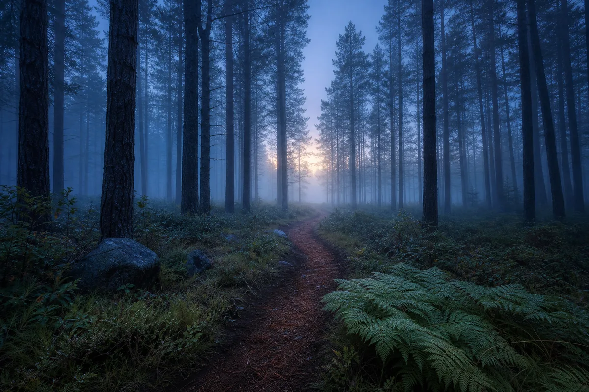 Sentier forestier dans la brume matinale, lumière bleutée de l’heure bleue