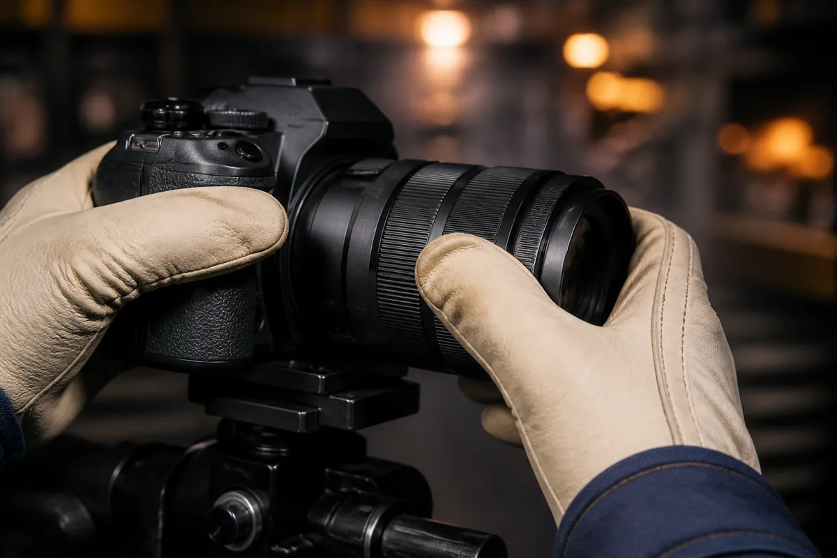 Mains gantées réglant un boîtier photo posé sur un trépied dans une allée d’atelier