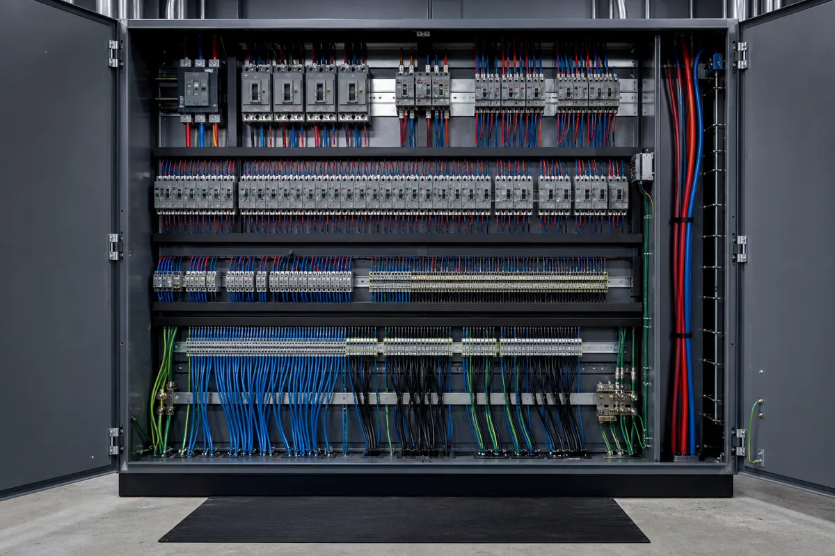 Armoire électrique industrielle ouverte, rangées de disjoncteurs et câblage organisé