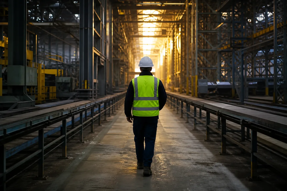 Silhouette de dos en casque et gilet haute visibilité dans une allée d’usine